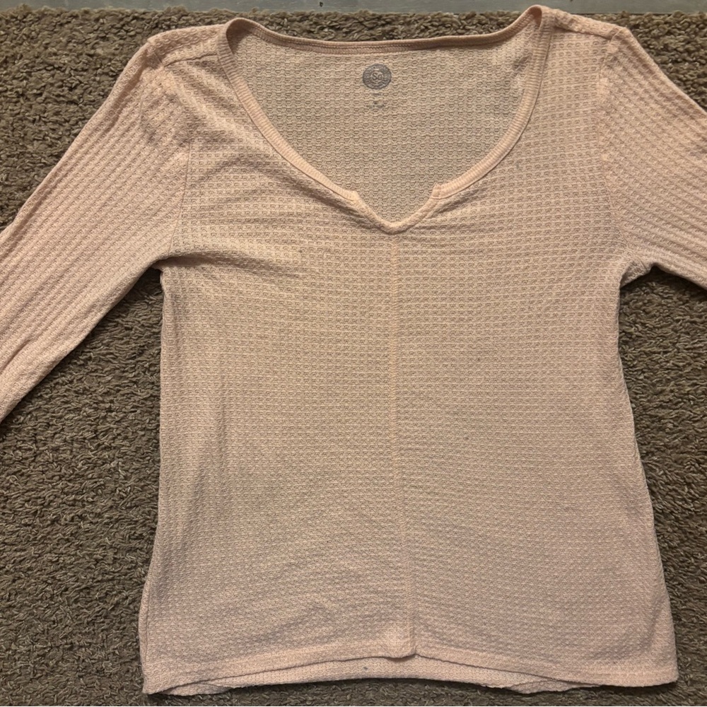 Women's Long Sleeve Waffle Knit Top - Light Pink
